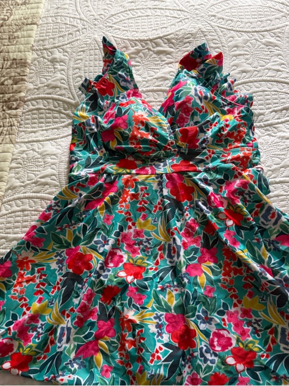BloomChic Turquoise Floral Ruffle Swim Dress with Pink & Red Blooms